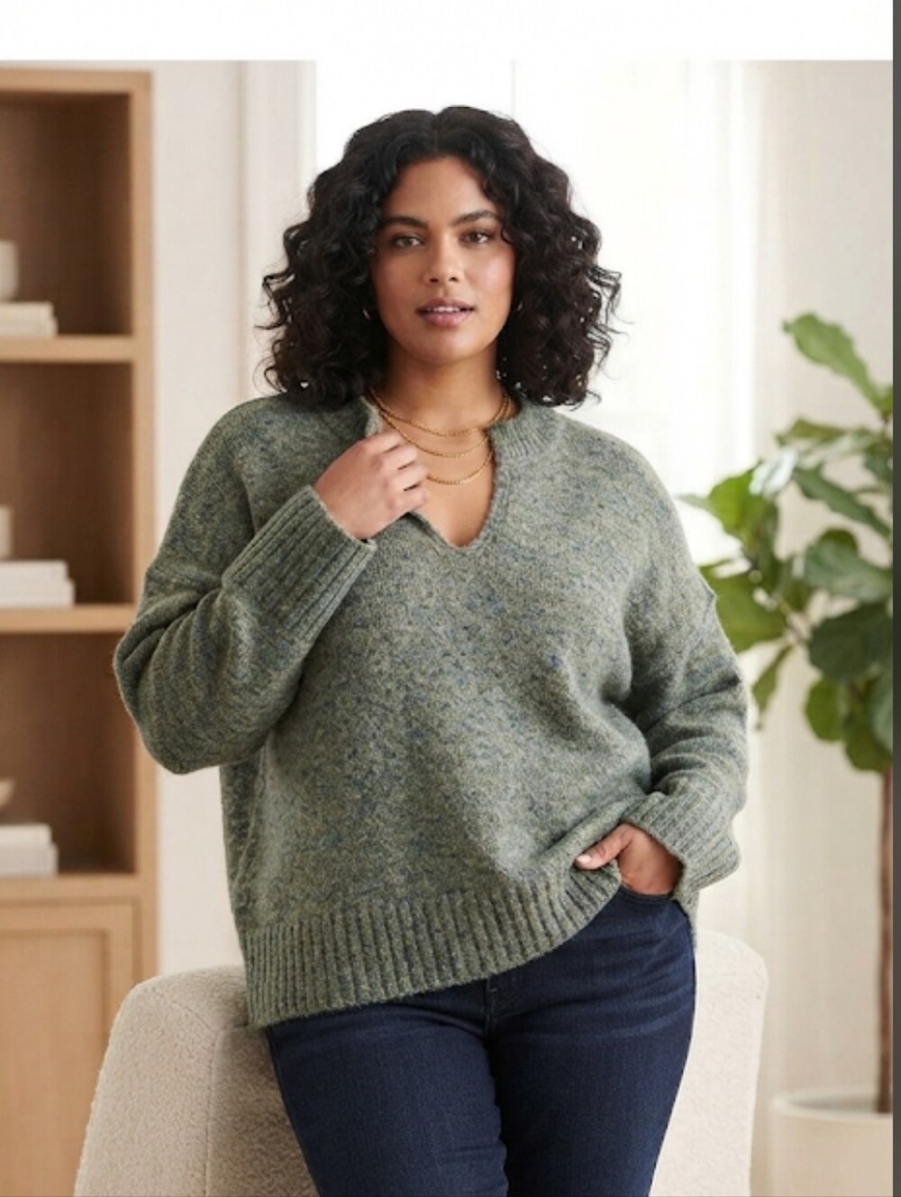 Max Studio Marled Moss Split Neck Pullover Sweater Style# 4707390 Size 3X